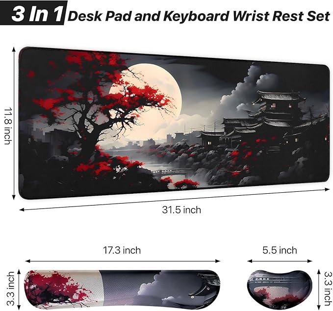 3-in-1 Large Gaming Mouse Pad Set, Anime Mouse Pad with Wrist Rest, Large Mousepads for Keyboard and Mouse with Non-Slip Rubber Base,Suitable for Office,Home,31.5 x 11.8 Inch