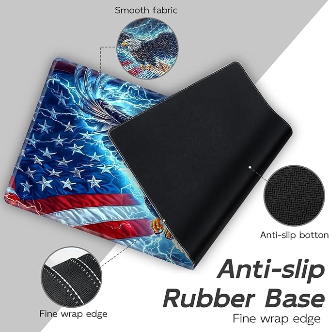 Gaming Mouse Pad Set, American Flag Eagle Large Desk Mat Mousepad, Keyboard Wrist Support, Mouse Wrist Rest, Coaster 4in1 Ergonomic Memory Foam, Non-Slip Stitched Edge for Home Office