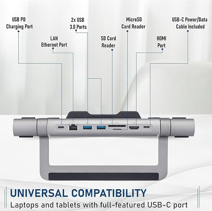ClearClick 6-in-1 USB-C Portable Docking Station & Laptop Stand - 2X USB 3.0 Ports, HDMI, LAN Ethernet, SD Card Reader, MicroSD Card Reader, USB PD Charging