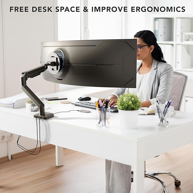 Mount-It! Proflex Series Heavy-Duty Monitor Desk Mount, Fits 17–49” Ultrawide Curved Screens, Full Motion Gas Spring Arm, 44 lbs Capacity, USB-C & USB 3.0 Ports, VESA 75/100, Clamp or Grommet Base