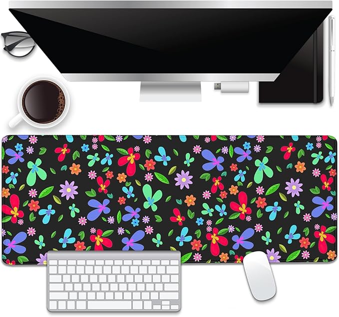 Colorful Flowers Desk Pad Mouse Pad,Large XL Green Leaves Floral Mouse Mat with Stitched Edges,Non-Slip Rubber Base Mousepad for Office PC Keyboard Laptop and Home Work Desk Mat(31.5X11.8 in)