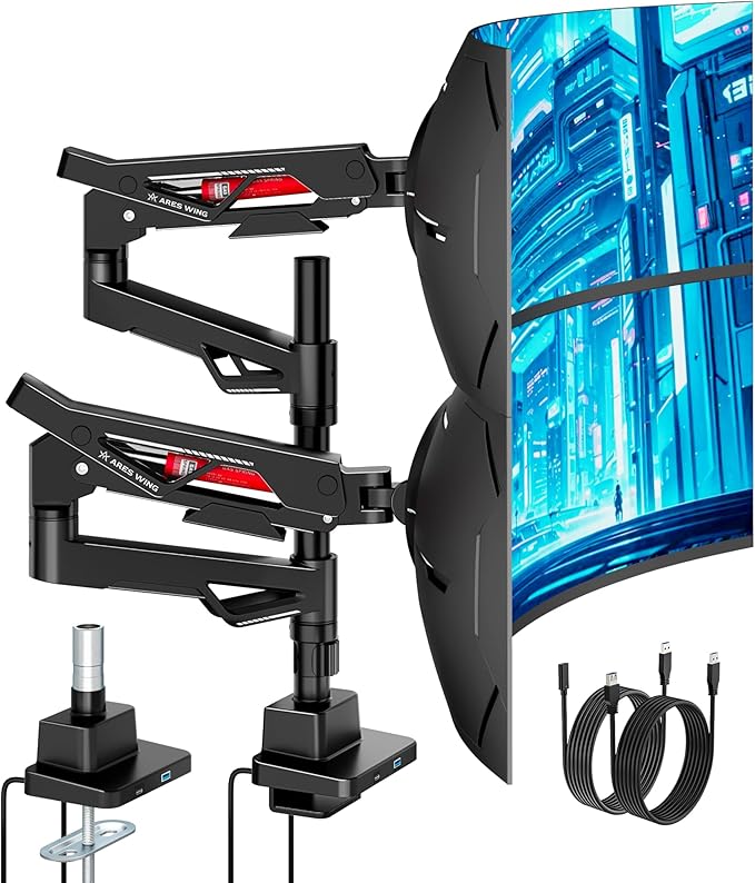 ARES WING Premium Monitor Arm, Ultrawide Monitor Stand up to 57'' and 60 Lbs per Screen, Heavy Duty Gas Sprinq Dual Monitor Mount Adjustable Arms with USB, Various VESA Mount with Clamp/Grommet Base