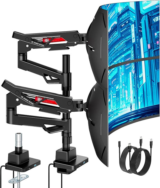 ARES WING Premium Monitor Arm, Ultrawide Monitor Stand up to 57'' and 60 Lbs per Screen, Heavy Duty Gas Sprinq Dual Monitor Mount Adjustable Arms with USB, Various VESA Mount with Clamp/Grommet Base