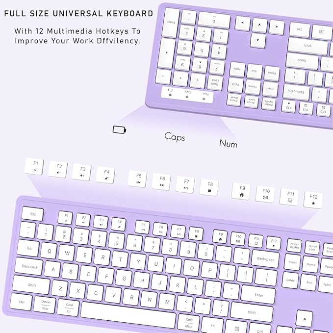 Wireless Keyboard and Mouse, 2.4GHz Cordless Keyboard Mouse Combo, Optical Mouse, Plug and Play USB Receiver, Compatible with Windows, Mac, Laptop, and PC（White Purple）