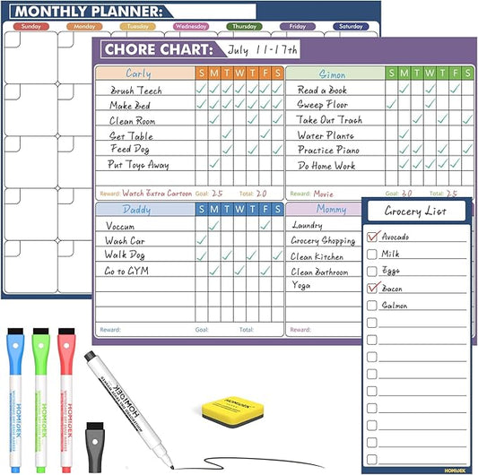 Magnetic Fridge Calendar Magnet, Dry Erase Whiteboard Calendar and Family Chore Chart for Adults with Magnetic List, Dry Erase Markers and Eraser - 14 x 11 Inches