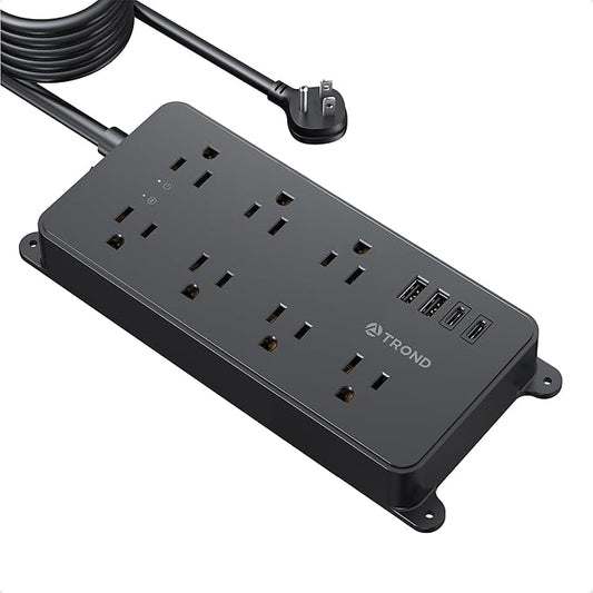 TROND Surge Protector Power Strip, Flat Plug 15ft Long Extension Cord, 7 Widely-Spaced Outlets with 4 USB Ports, ETL Listed, 1700J, Wall Mountable, for Home Office Garage, Black