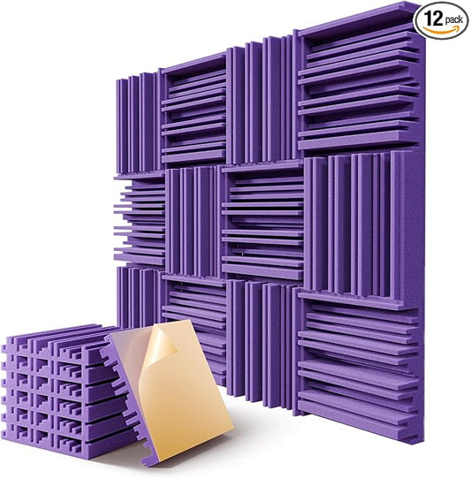 12 Pack Acoustic Foam Panels for Walls, 12" x 12" x 2" Soundproof Wall Panels, Self-Adhesive Soundproofing Padding, High Resilience Sound Absorbing Panels for Home Studios, Offices - Purple