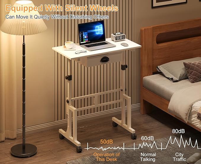 Adjustable Height Standing Desk for Walking Pad Treadmill, Portable Rolling Desk for Laptop with Drawer, Small Moblie Sit to Stand Desk On Wheels with Stiffener for Home Office Dorm Bedroom