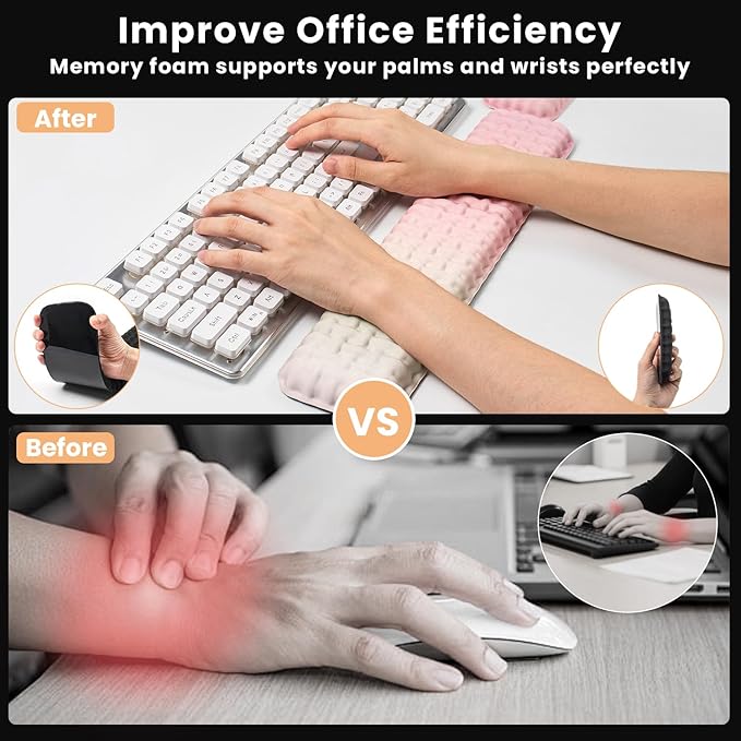 Ergonomic Keyboard and Mouse Wrist Rest Set - Wrist Support for Mouse, Computer Wrist Cushion Combo, Soft Memory Foam Wrist Support for Keyboard, Laptop, Mac, Office, Work, Gaming