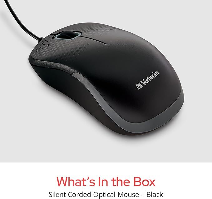 Verbatim USB Silent Corded Optical Mouse - Computer Wired Noiseless and Silent Click Mouse for Mac and PC - Black
