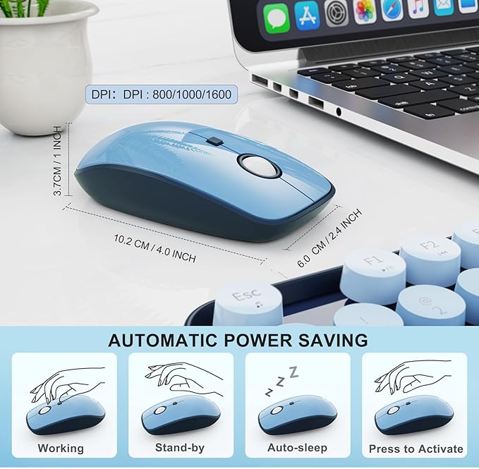 Wireless Keyboard and Mouse | Cute Colorful Keyboard and Mouse with 2.4GHz Cordless Retro Typewriter Keyboard | Auto-Sleep | USB Receiver for Windows PC/Laptop - Blue Gradient