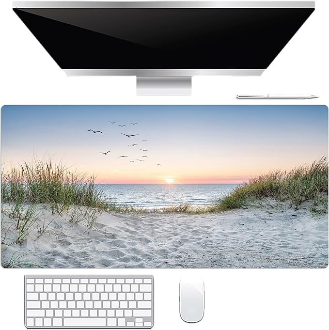 EOBTAIN Large Beach Mouse Pad Coastal Sunset Desk Mat for Keyboard and Mouses Nature Landscape Ocean Sea Desktop Accessories for Office Smooth Non Slip Rubber Gaming Mousepads,31.5x15.7 Inch