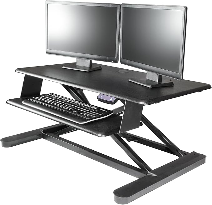 Kantek Standing Desk Converter, Electric Lift, Adjustable From, 6"-23", Large Platform Fits Dual Monitors, Sit to Stand Home Office Workstation, Grommet Hole