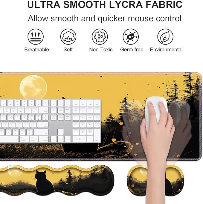 Ergonomic Keyboard Wrist Rest & Mouse Pad Wrist Rest Set, Large XXL Gaming Desk Mat 31.5"x 11.8" with Non-Slip Base, Memory Foam, Easy Typing Pain Relief for Home & Office, Black Cat