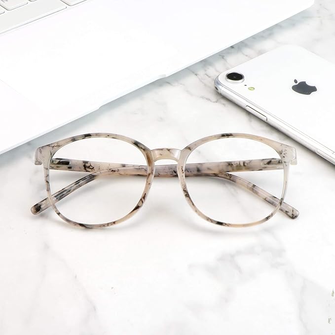 LifeArt Round Blue Light Blocking Glasses, Computer Glasses, Gaming Glasses, TV Glasses for Women Men (Marble, 1.00 Magnification)