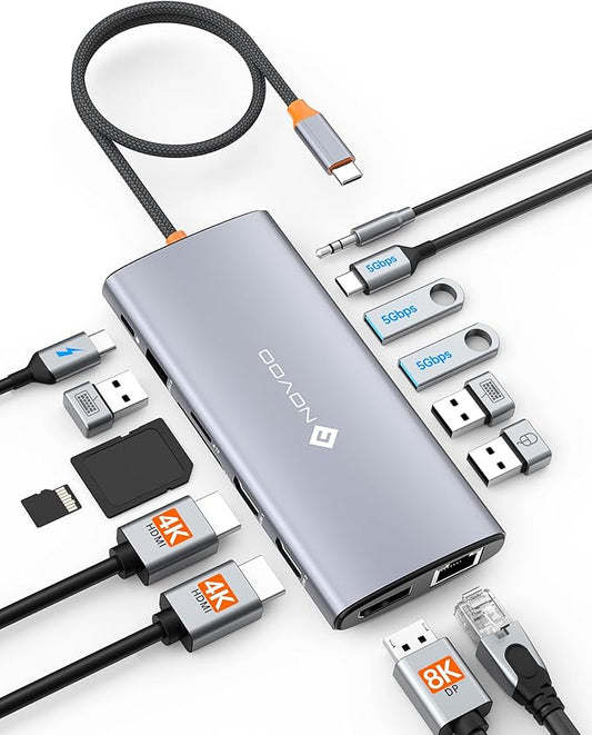 NOVOO USB C Docking Station Dual Monitor for Laptop, 14 in 1 Hub Adapter Thunderbolt 3 to Dual 4K60 HDMI+8K30 DP USB C/A Data 100W PD RJ45 SD/TF Audio