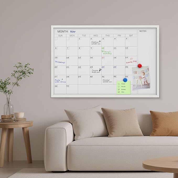 Comix Dry Erase Calendar for Wall, Magnetic Calendar Whiteboard with White Wood Frame, 36 * 24 inches Decorative Monthly Planner Board for Office, School, Home, Kitchen