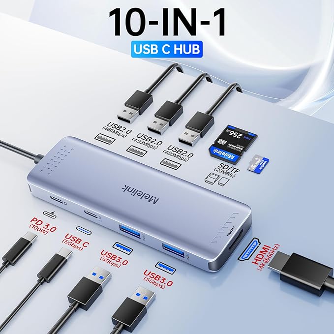 USB C Hub Multiport Adapter for MacBook Pro/Air, 10 in 1 USB C Dongle Mac HDMI Adapter, USBC Dock Compatible for iPad Pro, iMac, Dell, HP, Lenovo (4K@60Hz HDMI,SD/TF Card Reader,100W PD, 6 USB Ports)