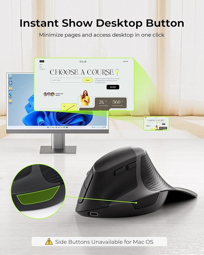 seenda Ergonomic Mouse Rechargeable, Multi-Device Connection（2.4G&Type C, Vertical Wireless Mouse with Instant Desktop Return Key, Palm Rest, Anti-Slip Optical Mice for Mac OS, Windows, Black
