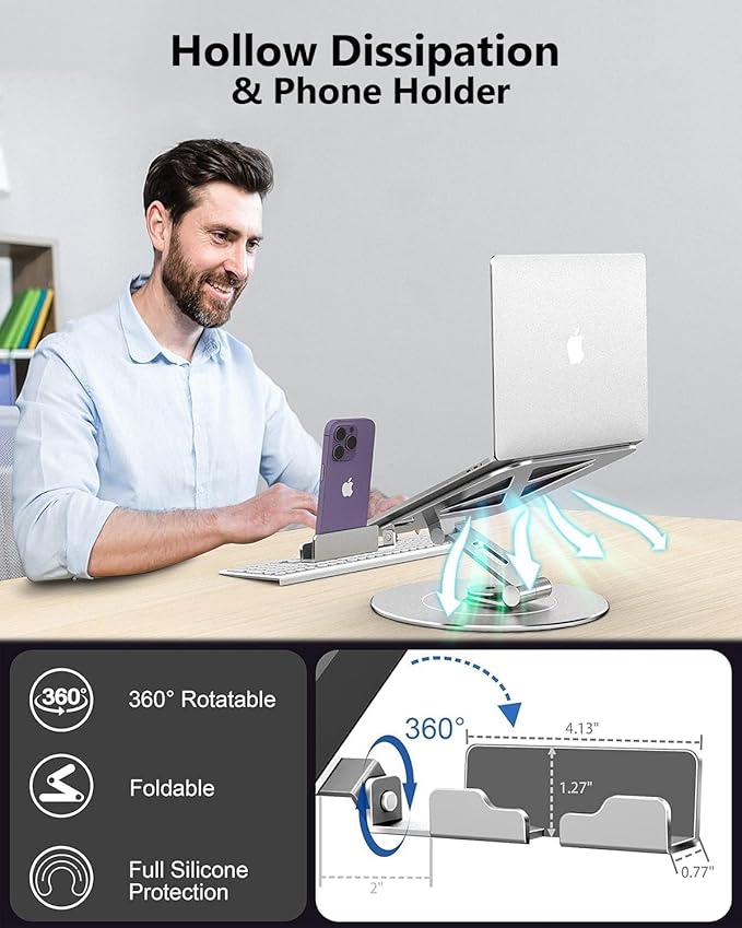 Adjustable 10-17.3" Laptop Stand for Desk with Larger Base & Phone Holder, Aluminum Desktop Organizer for Laptops, Ergonomic Printer Stand Fits MacBook, HP, Dell, All Laptops