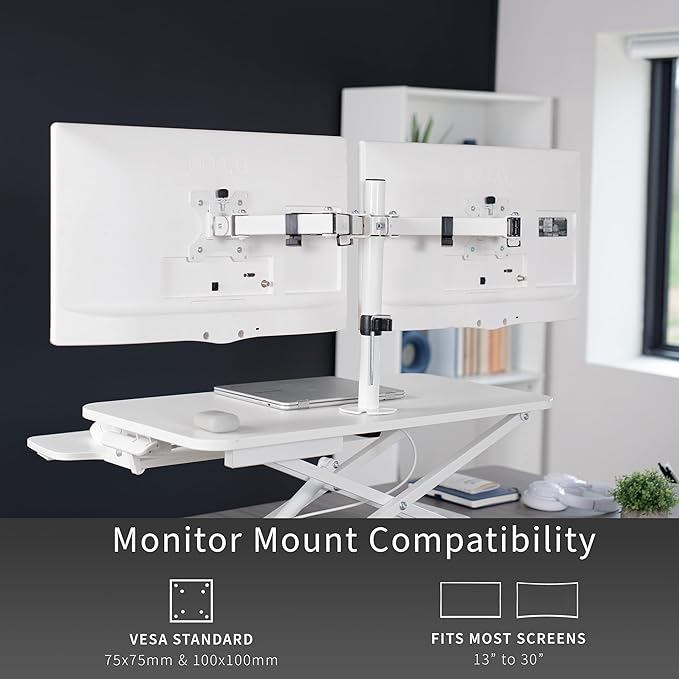 VIVO Height Adjustable 32 inch Standing Desk Converter with Dual 13 to 30 inch Monitor Stand, Sit Stand Monitor Mount and Desk Riser, White, DESK-V000K-M2W