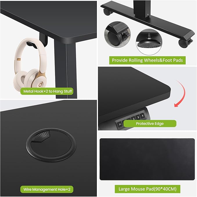 farexon Electric Standing Desk Adjustable Height, 55 x 24 Inch Stand up Desk with Large Mouse Pad, Rolling Wheels & Foot Pad,27''-46'' Lifting Range Home Office Computer Desk(Black)
