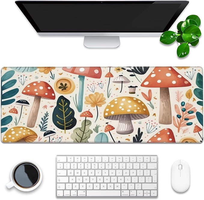 Desk Pad, Hand Drawn Charming Mushroom and Leaves Extended Gaming Mouse Pad Large, 31.5"x11.8" Big Mouse Pad with Non-Slip Base and Stitched Edge, Long Computer Keyboard Mouse Mat for Home Office Work
