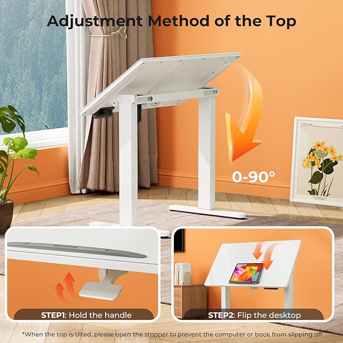 35inch Glass Standing Desk，90° Tiltable Mobile Rising Desk Height Adjustable，Whole Piece Rolling Drafting/DrawingTable with Wheels，Foldable Small Laptop Art Desk，White