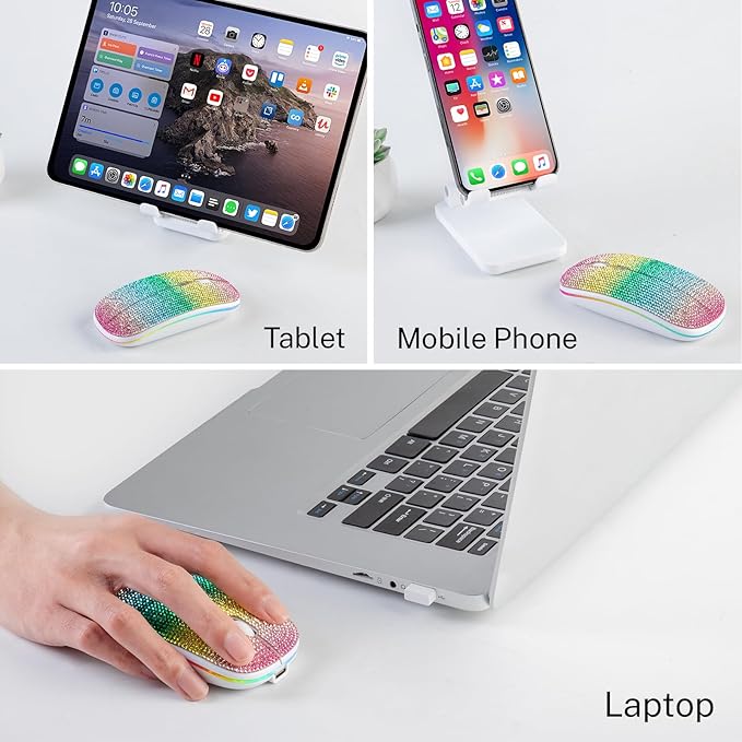 Bluetooth Mouse,Bling Dazzling 2.4GHz Rechargeable Wireless Mouse Slim with USB Receiver, Compatible with Notebook, PC, Laptop, Computer, MacBook,Great Gift idea for Her (Rainbow)