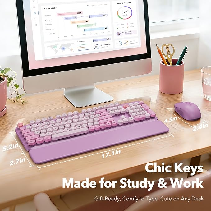 Wireless Keyboard and Mouse Combo with Detachable Magnetic Wrist Rest, Retro Typewriter-Style Keyboard, Round Keycap, Adjustable Legs, 3-Level DPI Mouse, 2.4GHz for Windows PC/Laptop (Lavender Purple)