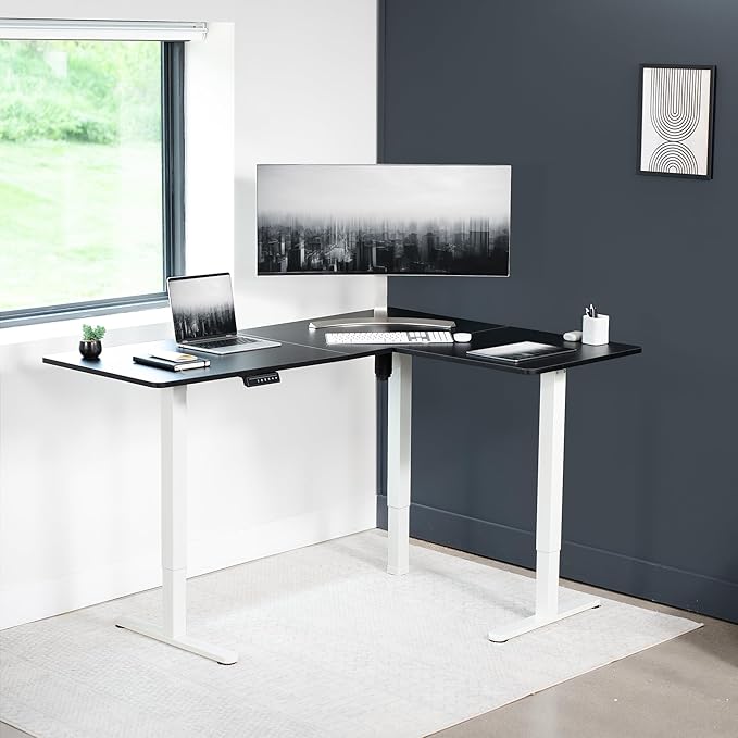 VIVO Corner Standing Desk, 63 x 47 inch Reversible L-Shaped Workstation, Electric Height Adjustment, Home, Office, and Reception Rooms, Black Table Top White Frame, DESK-E3CTWB-47