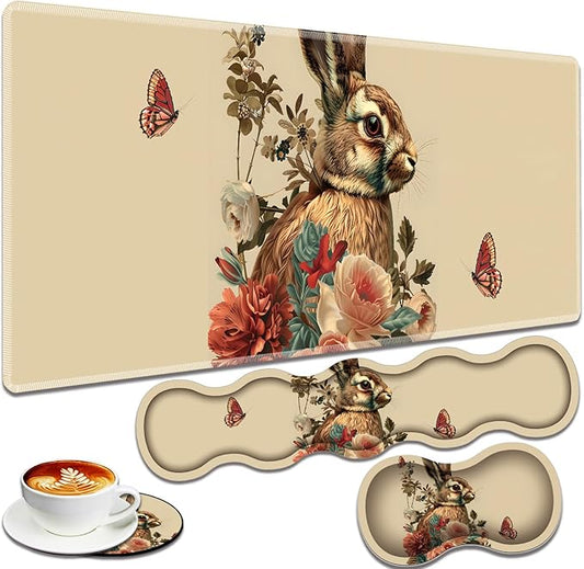 Large Gaming Mouse Pad + Keyboard Wrist Rest + Wrist Support + Coaster Set, Memory Foam Ergonomic for Easy Typing, XXL Extended Gaming Mouse Pad Table Pad - Rabbit