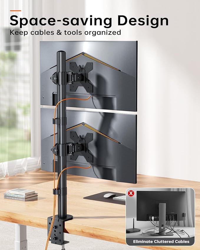 Dual Monitor Stand for 13-27'' Monitors, Vertical Stack Screen Free-Standing Monitor Riser with Swivel, Tilt, Height Adjustable, Holds One (1) Screen Up to 35Lbs, 75x75/100x100 VESA, C-Clamp