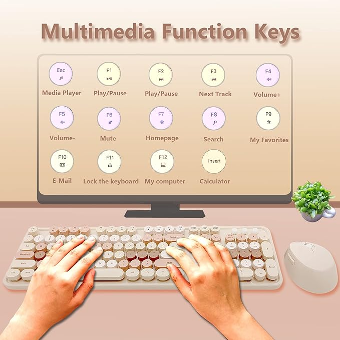 Wireless Keyboard and Mouse Combo, Ergonomic Cute Retro Typewriter Full Size Colorful USB Cordless Keyboard Mouse Set for Gaming and Office (Milk Tea)