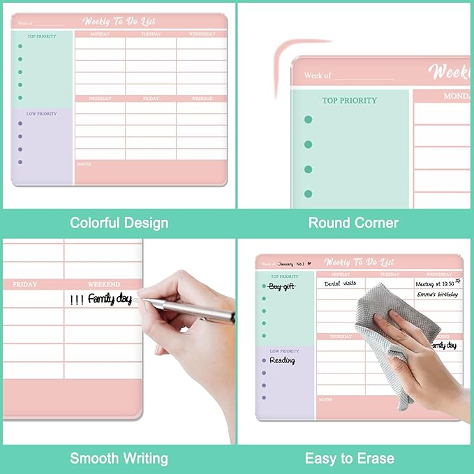 Desktop Thickened Acrylic Dry Erase Weekly To Do List, 11.8"x9.8" Colorful Whiteboard with Stand, Frameless Weekly Planner for Office/School/Home, Daily To Do List for Work and Personal Organized(2530,1p)