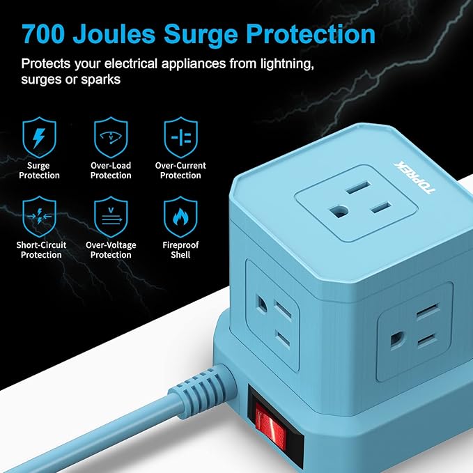 Power Strip with USB-C (3.0A), TOPREK Surge Protector (700J), TOPREK 10 FT Extension Cord with Flat Plug, 5 AC Outlets 4 USB, Desk Charging Station for Living Room, Nightstand, Office, Travel