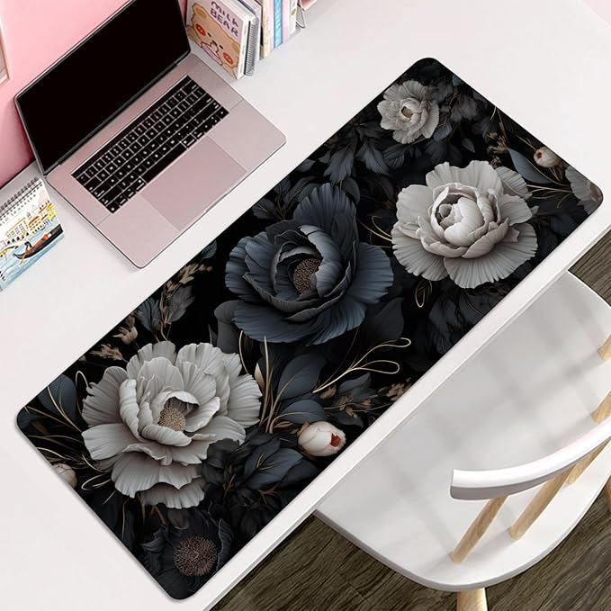 Black and White Mouse Pad,Floral Mouse Pad Desk Mat,Large Mousepad Aesthetic Mouse Pads Desk pad - Non-Slip Stitched Edges & Rubber Base for Office, Gaming Room, Computer, Laptop