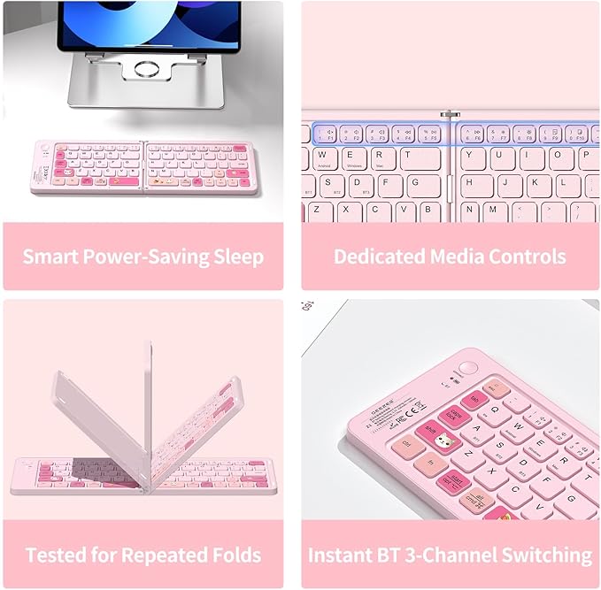 Pink Foldable Mini Bluetooth Keyboard, Portable Compact Wireless Rechargeable Keyboard with 67 Slim Quiet Keys, Cute Pocket-Sized Travel Keyboard for iPad iPhone Android Tablet Mac Windows-Cat Theme