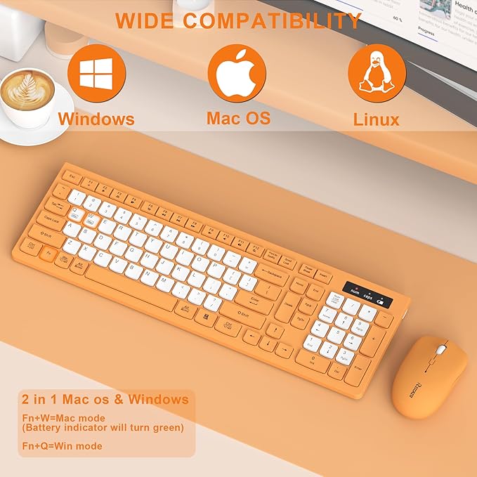 Wireless Keyboard and Mouse Combo, Full-Sized Wireless Keyboard and Adjustable DPI Mouse, 2.4GHz USB Receiver, Keyboard and Mouse for PC, Windows, Desktop, Laptop (Orange-B)