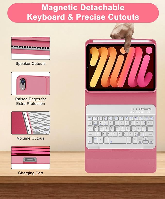 BORIYUAN iPad mini 7th Gen 2024 (A17 Pro) & iPad mini 6 Keyboard Case 2021, Detachable Wireless Bluetooth Keyboard Slim Folio Smart Cover with Pencil Holder for iPad mini 7th/6th Gen 8.3 inch - Red