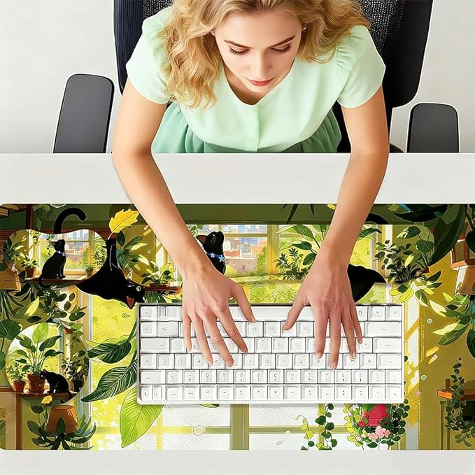 4 in 1 Large Keyboard Wrist Rest Pad, Ergonomic Wrist Rest Set, Cup Coaster, Extended Desk Mat for Home Game Office Desk Decor Accessories(Plant&Cat Pattern)