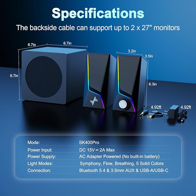 Nylavee Computer Speakers with Subwoofer, 2.1 PC Speakers System with 8 Lighting Modes, 60W Peak Power, AC Adapter Powered, Bluetooth 5.4, USB/USB-C and 3.5mm Aux in for Desktop, Monitor, Gaming