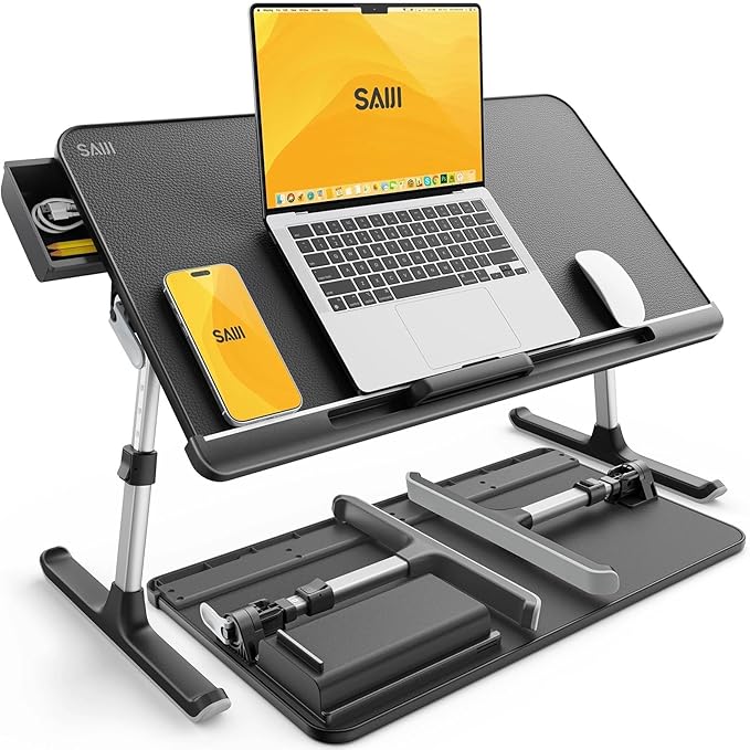 SAIJI Laptop Bed Tray Table, Adjustable PVC Leather Laptop Bed Table, Portable Standing Desk with Storage Drawer, Foldable Lap Tablet Table for Sofa Couch Floor (Dark Black)