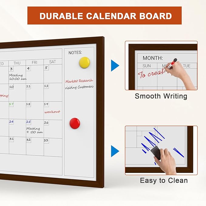 Comix Dry Erase Calendar Whiteboard for Wall, Magnetic Dry Erase White Board with Brown Wood Frame, 24 * 18 inches Decorative Planner Board for Office, Kitchen, School, Home