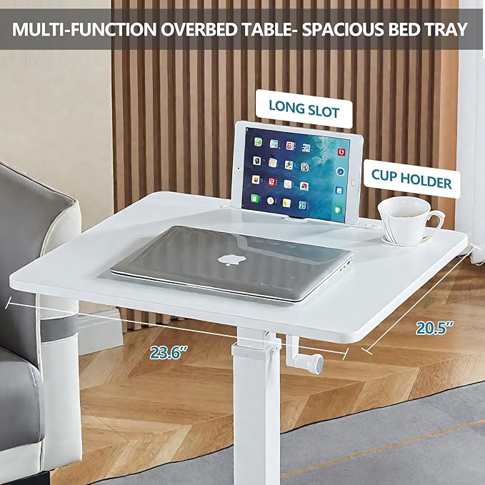 Mobile Standing Desk,Height Adjustable Home Office Desk with Wheels&Cup Holder,Hand Crank Sit Stand Desk and Laptop Cart,Computer Workstation for Home Office Classroom Hospital (Manual White)