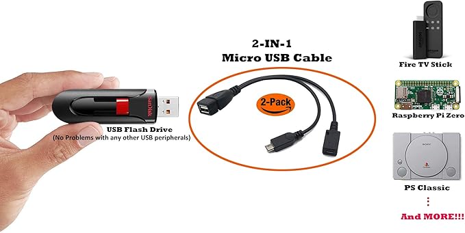 AuviPal 2-in-1 Micro USB to USB Adapter (OTG Cable + Power Cable) for Fire Stick, PlayStation Classic and More - 2 Pack