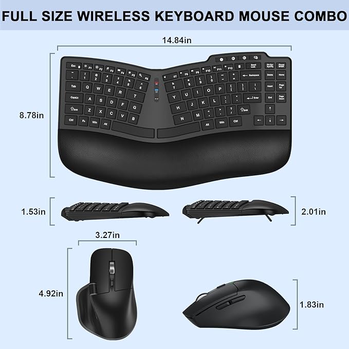 Ergonomic Wireless Keyboard Mouse, Wave Key Bluetooth/2.4G Split Design Ergo Keyboard Mouse Combo with Cushioned Palm Rest, Multi-Device, Rechargeable, for Multi-OS, Windows/Mac/Android