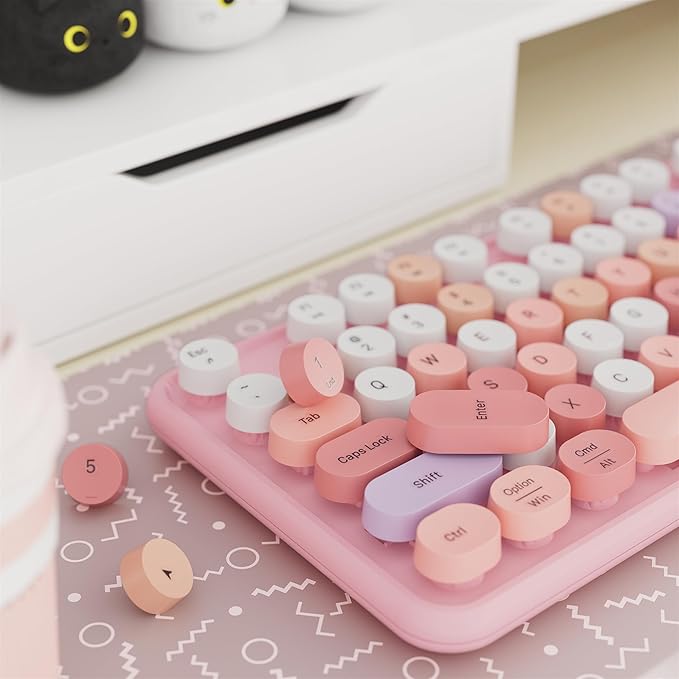 x UBOTIE Colorful Wireless Keyboard and Mouse Combo, Full-Sized Office Keyboard with Typewriter Flexible Keys, 2.4GHz Dropout-Free Connection, Optical Mouse for PC Laptop((Pink Colorful)