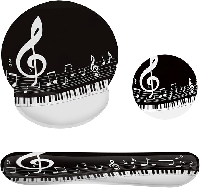 Black and White Piano Notes Mouse Pad with Wrist Rest Set, 3-in-1 Wrist Support Mousepad Set, Gaming Mat Pad with Anti-Skid Base,Ergonomic Memory Foam Mouse Pad Set for Women, Office, Typing, Gaming