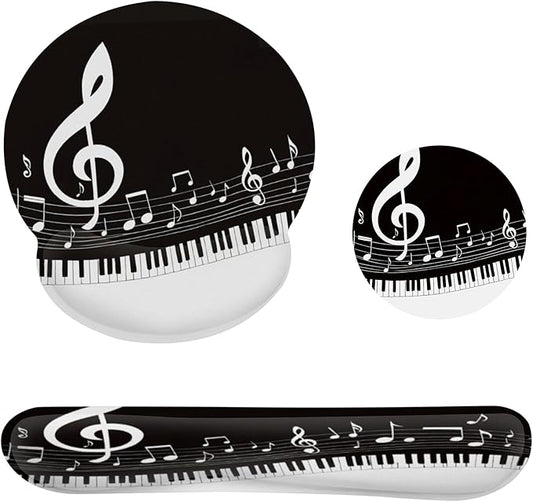 Black and White Piano Notes Mouse Pad with Wrist Rest Set, 3-in-1 Wrist Support Mousepad Set, Gaming Mat Pad with Anti-Skid Base,Ergonomic Memory Foam Mouse Pad Set for Women, Office, Typing, Gaming